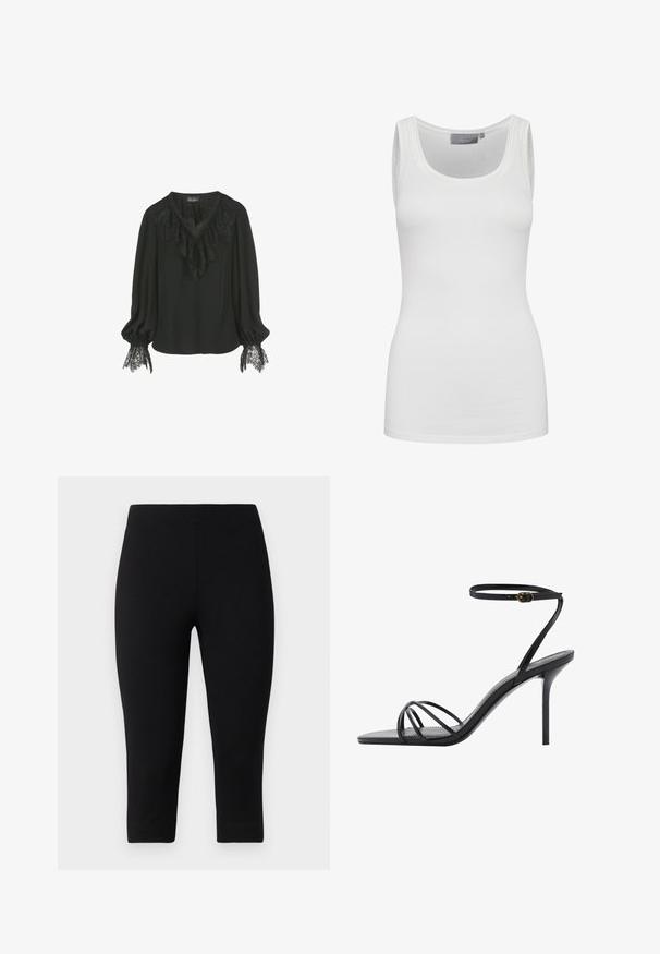 Crna bluzica s čipkastim rubom na ovratniku i čipkastim akcentima na manžetama rukava. Mekani materijal s opuštenim krojem i dizajnom s v-izrezom.; Bijela majica bez rukava od mekog, rastezljivog materijala s okruglim izrezom i uskim trakama. Ima glatku teksturu i prilagođen dizajn.; Crnecapri tajice od rastezljivog materijala, koje su uskog kroja i glatke teksture, bez istaknutih uzoraka ili detalja.; Crne sandale na visokom petu s tankim remenom oko gležnja, višestrukim ukrštenim trakama preko stopala i elegantnim kvadratnim vrhom.