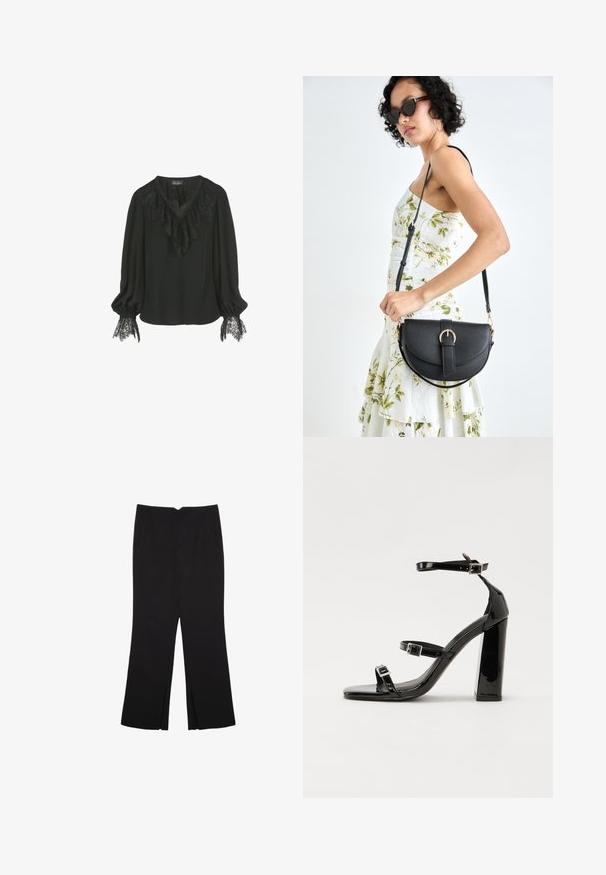 Černá blůza s volánkovým krajkovým límcem a krajkovými detaily na manžetách rukávů. Měkká tkanina s volnějším střihem a designem s výstřihem do V.; Černé kalhoty s rovným střihem, s předními kapsami a bočními rozparky na lemu. Vyrobené z jemné, hladké tkaniny. Vhodné na různé příležitosti.; Černé lakované sandály na podpatku se čtveratou špičkou, lýtkovými pásky a stříbrnými přezkami. Disponují masivním blokovým podpatkem pro stabilitu.; Černá kožená kabelka s křivkovým tvarem, odnímatelným popruhem a zlatými detaily. Kabelka má klopu s přezkou.