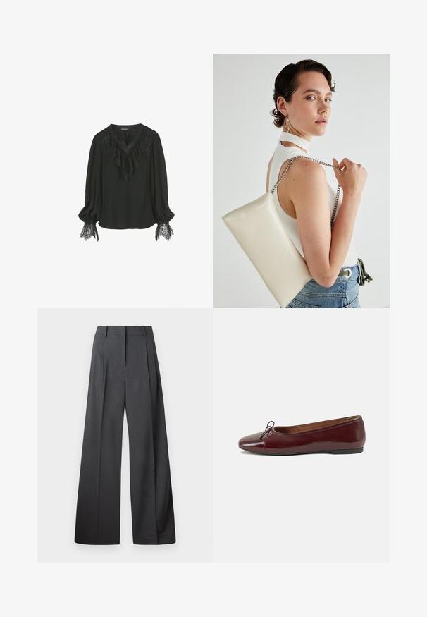 Sort bluse med en blonderuffelkrave og blonderdetaljer ved ærmeenderne. Blød stof med en afslappet pasform og v-halsdesign.; Bredde benbukser i mørkegrå stof, med høj talje, enkelte læg og en glat tekstur med en ren finish ved kanten.; Bordeaux patentlæder balletflad med rund tå, lille sløjfeaccent foran og en lav, sort gummisål. Glat tekstur.; Hvid rektangulær clutch-taske lavet af skinnende materiale, med en sølv kædetransport. Modellen poser, mens hun fremviser tasken mod en ensfarvet baggrund.