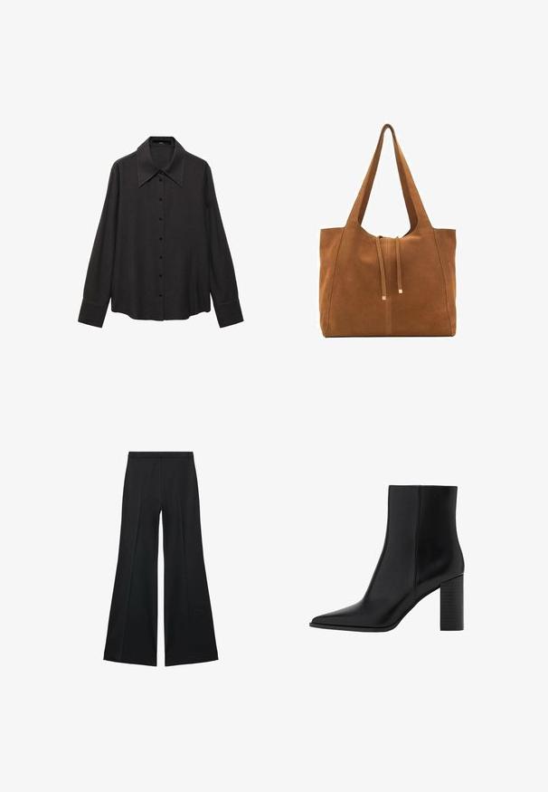 Čierna dlhá rukávová košeľa so širokým golierom, predným zapínaním na gombíky a rovný strih. Vyrobená z jemnej tkaniny s hladkou textúrou.; Čierne široké nohavice s hladkou textúrou, s prednými záhybmi a elegantným strihom. Materiál je ľahký a pruhlý.; Čierna kožená členková čižma s špicatou špičkou, štvorcovým podpätkom, hladkou textúrou a šitými detailmi pozdĺž švov. Výška podpätkov je približne 3,5 palca.; Hnedá semišová taška cez rameno s dvoma dlhými popruhmi, sťahovacou šnúrkou a minimalistickým dizajnom. Hladký povrch a žiadne viditeľné kovové doplnky.