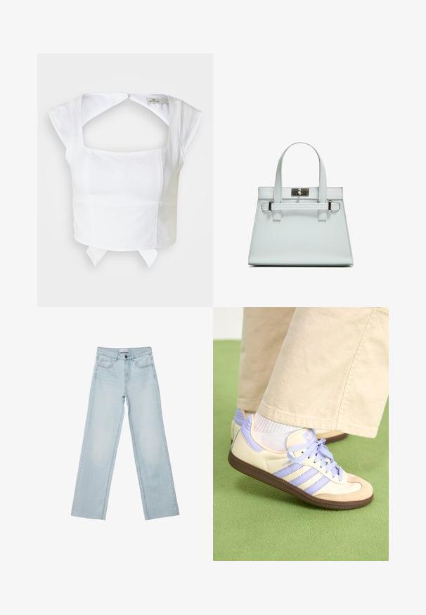 Top strutturato bianco a misura corta con scollatura quadrata, maniche corte a cappuccio e taglio sulla schiena. Presenta un dettaglio con lacci regolabili all'orlo.; Jeans a gamba larga di colore blu chiaro realizzati in denim. Presentano cinque tasche, un bottone sul davanti e dettagli sbiaditi. Taglio dritto classico con vestibilità ampia.; Sneakers crema e lavanda con tre strisce e suola marrone texturizzata, dotati di lacci e tallone imbottito. Parte superiore in tessuto morbido.; Borsa a mano azzurro chiaro con design strutturato, due manici e chiusura in metallo tono argento. Materiale testurizzato e angoli acuti.