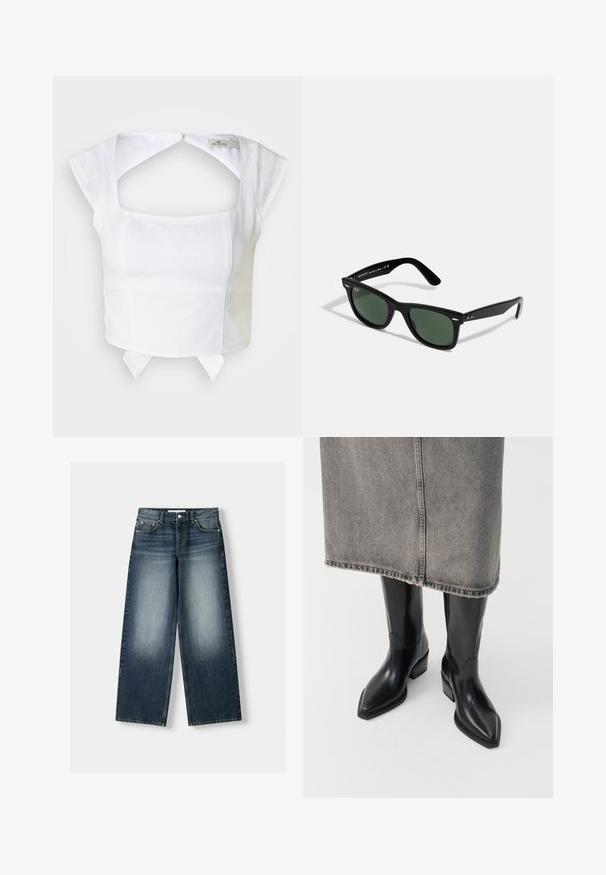 Top strutturato bianco a misura corta con scollatura quadrata, maniche corte a cappuccio e taglio sulla schiena. Presenta un dettaglio con lacci regolabili all'orlo.; Jeans in denim a gamba larga di colore blu scuro, con un effetto di lavaggio sbiadito. Design a cinque tasche con chiusura a bottone e passanti per cintura.; Stivali da cowboy in pelle nera con punta affilata e tacco spesso, caratterizzati da una finitura liscia e un design elegante, abbinati a una gonna grigia.; Ray-Ban WAYFARER UNISEX - Occhiali da sole - black