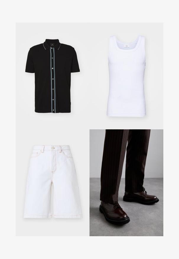 Schwarzes Poloshirt mit kurzen Ärmeln und Kragen, das mit einem vertikalen hellblauen Streifen und kontrastierenden Knöpfen auf der Vorderseite versehen ist.; Weißes Baumwoll-Top ohne Ärmel mit rundem Ausschnitt, ausgestattet mit einer glatten Textur und einer figurbetonten Form, ideal für die Freizeit.; Weiße Denim-Shorts mit geradem Schnitt, fünf Taschen und kontrastierenden hellbraunen Nähten. Beinhaltet einen vorderen Knopf- und Reißverschluss.; Braune Leder Schnürschuhe mit glänzender Oberfläche, schwarzer Gummisohle und dezenten Nähten. Getragen mit braunen Angabenhosen mit Nadelstreifen.