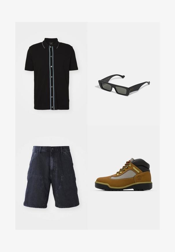 Schwarzes Poloshirt mit kurzen Ärmeln und Kragen, das mit einem vertikalen hellblauen Streifen und kontrastierenden Knöpfen auf der Vorderseite versehen ist.; Dunkelblaue Denim-Shorts mit geradem Schnitt, großen Fronttaschen und Knopfverschluss; glatte Textur und minimale Nähdetails.; Brauner Wanderschuh mit grauen und schwarzen Akzenten, Obermaterial aus strukturiertem Leder, Metallösen und einer robusten Gummisohle für Traktion.; Schwarzrechteckige Sonnenbrille mit dunklen Gläsern, aus glattem Kunststoff gefertigt. Verfügt über goldene Schriftzüge an der Seite, elegante Bügel und modernes Design.