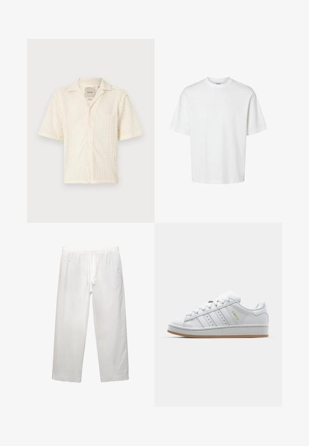 Kortærmet, cremefarvet skjorte lavet af tekstureret stof med et zigzag-mønster og knaplukning foran. Har en klassisk krave og en lomme.; Hvid bomulds T-shirt med korte ærmer, rund halsudskæring og en afslappet pasform. Glat tekstur uden synlige mønstre eller detaljer.; Hvide linnedbukser med elastisk talje med snøre, bred ben-design og rene sømme. Glat tekstur med afslappet pasform.; Hvide sneakers med perforeret tre-stribe-design, teksturerede detaljer, en gummisål og "CAMPUS" logo i guld på siden.