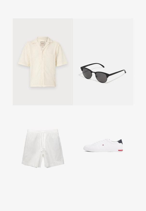 Chemise à manches courtes de couleur crème fabriquée en tissu texturé avec un motif en zigzag et un boutonnage sur le devant. Elle présente un col classique et une poche.; Shorts en coton blanc avec une taille élastique à cordon de serrage, des poches latérales, et une coupe droite avec des ourlets finis.; Baskets basses blanches en cuir lisse. Dotées d'un talon en bleu marine et d'un accent rouge sur la semelle. Six œillets pour les lacets.; Lunettes de soleil noires avec des verres ronds, finition mate et une forme distinctive en œil de chat. Monture fine avec un logo discret sur la branche gauche.