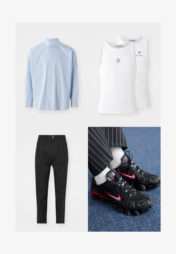 Lichtblauwe overhemd met lange mouwen en een knoopsluiting, voorzien van verticale strepen in donkerblauw en roestrood. Het shirt heeft een kraag en een borstzak. Gemaakt van katoen.; Twee witte tanktops met een geribbelde textuur, voorzien van blauwe en groene borduurlogo's. De ene heeft een zonontwerp, de andere een palboom.; Zwarte gestreepte broek met een getailleerde pasvorm, voorzien van een knoopsluiting aan de voorkant, riemlussen en een soepele stofstructuur.; Zwarte sportieve schoenen met rode en zilveren accenten, mesh en gestructureerde synthetische materialen, vetersluiting en een zichtbare dempingszool.
