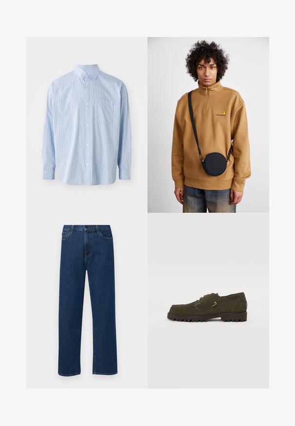 Vaaleansininen pitkähihainen nappikauluspaita, jossa on tummamman sinisen ja ruosteen värisiä pystysuoria raidallisia kuvioita. Paidassa on kaulus ja rintatasku. Kangas on puuvillaa.; Tummansinisiä suoranlahkeisia farkkuja, joissa on etutaskut ja nappikiinnitys, esiteltynä yksinkertaisella valkoisella taustalla.; Kengät nahkamokkasissa tummanvihreä väri, jossa on ommeltu kuvio, vaaleat yksityiskohdat ja karkeat kumipohjat pitävää varten.; Ruskea neljännesvetoketjullinen fleecesweater, jossa on brodeerattu logo, mustan pyöreän olkalaukun kanssa, jossa on vetoketju ja logotiedot, käytetty farkkujen päällä.