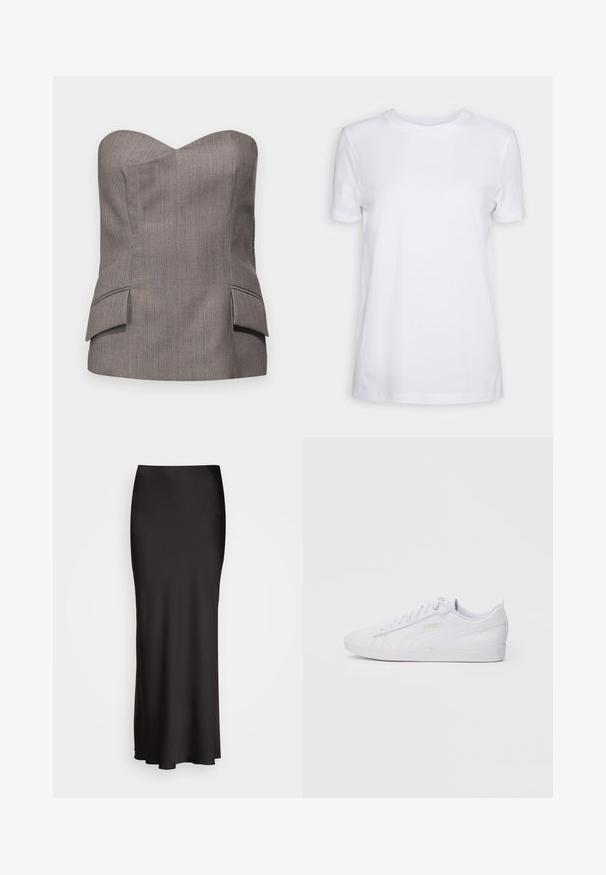 Top grigio senza spalline con un design strutturato, caratterizzato da sottili righe verticali e due tasche frontali con accenti cuciti.; T-shirt bianco a maniche corte realizzato in cotone. Design a girocollo con una texture liscia e senza motivi o accenti visibili. Stile base.; Gonna in satin nera, lunga fino al pavimento, con una texture liscia, vita aderente e silhouette a forma di A, priva di decorazioni visibili o fantasie.; Sneaker Puma bassa bianche con lacci, branding discreto sul lato e sulla suola, e tomaia in sintetico liscio per un look casual.