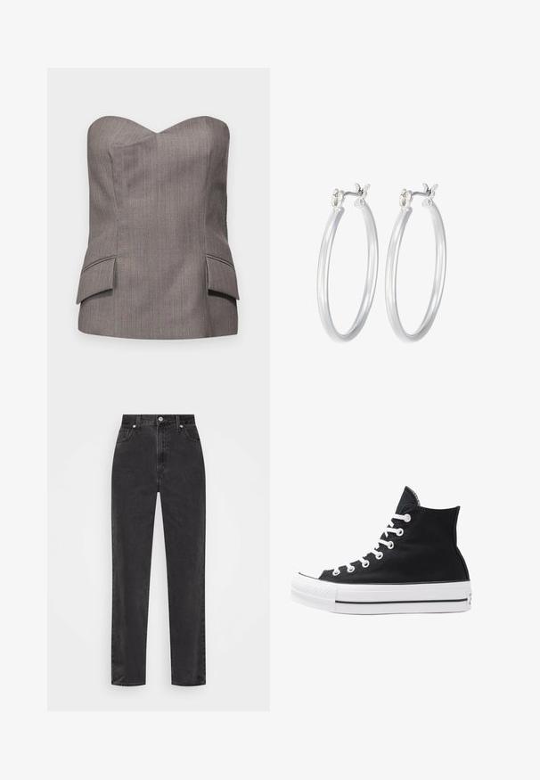 Gray strapless top with a structured design, featuring subtle vertical pinstripes and two front pockets with stitched accents.; Straight-leg black denim jeans with high waist, front button and zipper, and five-pocket styling on a white background.; High-top black canvas sneaker with white eyelets, laces, and rubber sole. Features a textured toe cap and black and white stripe accents.; Silver hoop earrings with a smooth, polished finish. Round shape and secure click-top closure. Lightweight design suitable for everyday wear.