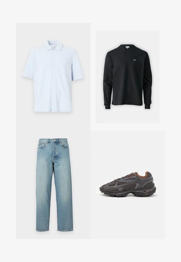 Világoskék, rövid ujjú ing, puha anyagból készült, gombos elülső résszel és klasszikus gallér kialakítással.; Fekete hosszú ujjú pamut póló, kerek nyakkivágással, bal mellen egy kis zöld hímzett krokodil logóval.; Világoskék farmernadrág laza szabással, egyenes lábakkal, öt zsebes dizájnnal és gombos derékkal. Minimalista varrási részletek.; Sötét szürke Lacoste sportcipők hálós és szintetikus anyagból, textúrázott talppal és barna díszítésekkel a nyak részen és a logón.