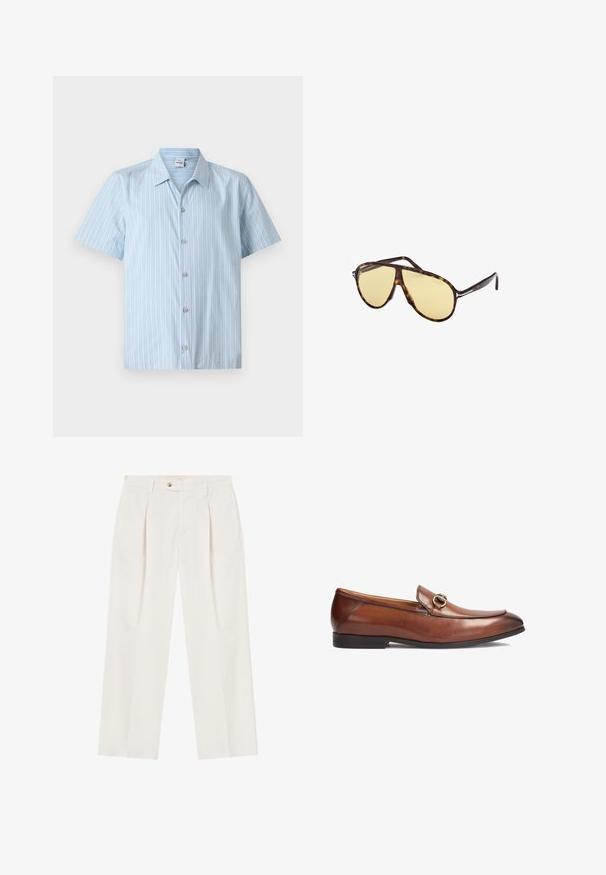 Camicia azzurro chiaro a maniche corte con righe bianche verticali, colletto e chiusura frontale con cinque bottoni. Tessuto dalla texture liscia.; Pantaloni bianchi a gamba larga con pieghe sul davanti, chiusura a un bottone e tasche laterali. Texture liscia e design sartoriale.; Mocassini in pelle marrone con punta arrotondata, dettagli cuciti e un'elegante fibbia metallica decorativa sul davanti. Suola in gomma.; Occhiali da sole tartarugati con lenti gialle. Forma aviator con doppio ponte e dettagli in metallo. Superficie liscia e design elegante.; Orologio rettangolare in oro rosa con quadrante bianco, indicatori di ore minimalisti e bracciale in metallo a maglie. Presenta una corona sul lato destro.