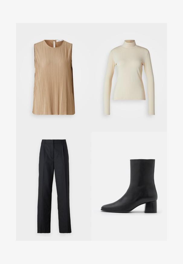 Beez värvi ilma varrukateta topp vertikaalsete voldikute, ümarate kaeluste ja väikese avaga seljaosas. Sile tekstuur ja pehme kangas.; Kreemivärvi pikkseeliku kaelusega pikka varrukatoppi, mis on valmistatud siledast, venivast kangast; keha lähedane lõige kõrge kaelusega ja ilma nähtavate mustrite või detailideta.; Kohandatud mustad püksid, millel on triibud, sirge jala disain, pressitud voldid ja traditsiooniline vöökoht. Sile kangatextuur.; Must musta ankle boot terava nina ja turske ruudukujulise kontsaga. Sile tekstuur, sujuv disain ja minimaalne õmblus.