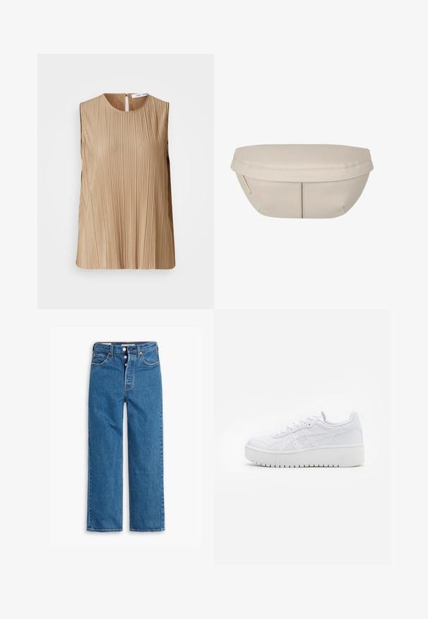 Beige ärmelloses Oberteil mit vertikalen Falten, rundem Ausschnitt und einem kleinen Schlüsselloch-Ausschnitt auf der Rückseite. Glatte Textur und weicher Stoff.; Blaue Denim-Jeans mit geradem Bein, hoher Taille, fünf Taschen und Knopfverschluss. Auffällige Nähte und Nieten in Kupferfarbe.; Weiße Plattform-Sneaker aus glattem Leder mit perforierten Details und flachen Schnürsenkeln; ausgestattet mit einer dicken weißen Gummisohle.; Beiger Stoffbeutel mit runder Form, flacher Oberseite und subtilen Nahtdetails. Enthält ein minimalistisches Logo und einen Seitengurt.