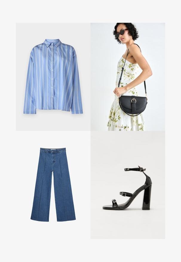 Svetlo modrá a biela pruhovaná košeľa na gombíky s golierom, dlhými rukávmi a voľným strihom, vyrobená z hladkej tkaniny.; Rovné džínsy s širokými nohavicami v strednom modrom odtieni, so zvýšeným pásom, zapínaním na gombík a kontrastnými vertikálnymi švami pozdĺž prednej strany.; Čierne lakované sandále na podpätku so štvorcovou špičkou, navlečenými remienkami okolo členku a striebornými prackami. Disponujú masívnym blokovým podpätkom pre stabilitu.; Čierna kožená kabelka s zaobleným tvarom, odnímateľným popruhom a zlatými doplnkami. Kabelka má klopu s detailom s prackou.