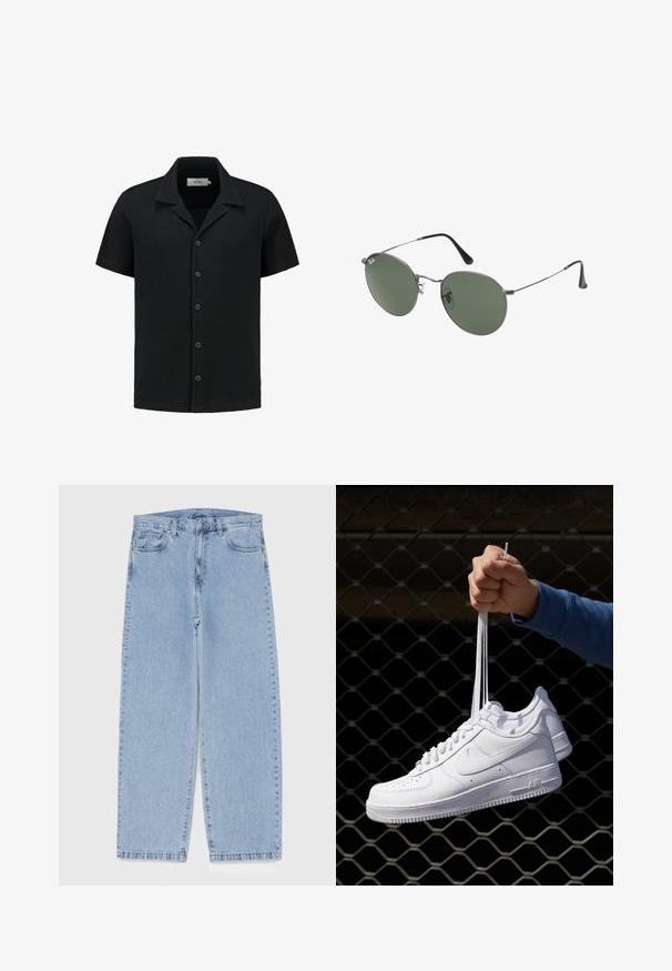 Schwarzes Kurzarmhemd aus strukturiertem Waffelstrickstoff, mit durchgehender Knopfleiste und klassischem Kragendesign. Verfügt über fünf Knöpfe und dezente Markenkennzeichnung.; Weißes Baumwoll-T-Shirt mit kurzen Ärmeln, Rundhalsausschnitt und lässigem Schnitt. Glatte Textur ohne sichtbare Muster oder Akzente.; Hellblaue Jeans aus Denim mit geradem Bein, ausgestattet mit einer mittelhohen Taille, fünf Taschen sowie einem Knopf- und Reißverschluss.; Weiße Leder-Sneaker mit Perforationen, runder Zehenpartie, flacher Sohle und dicken Schnürsenkeln, mit sichtbar eingesticktem Swoosh-Logo und "AIR" an der Ferse.; Metallgestellte Sonnenbrille mit ovalen grünen Gläsern. Dünner silberner Metallrahmen und schwarze Ohrstücke. Minimalistisches Design, keine sichtbaren Logos.