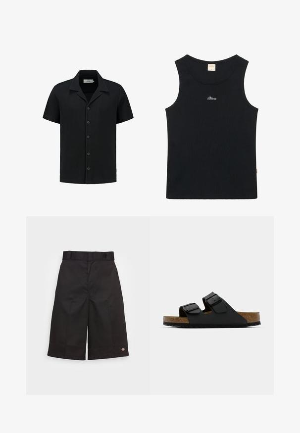 Czarna koszula z krótkim rękawem wykonana z teksturowanej, wafelowej tkaniny, z zapinaniem na guziki z przodu oraz klasycznym kołnierzykiem. Posiada pięć guzików i subtelną markę.; Czarny prążkowany top na ramiączkach z okrągłym dekoltem i podszewką. Z przodu wyszywane logo "Blkrts" w białym kolorze. Wykonany z miękkiego materiału bawełnianego.; Czarne bawełniane szorty o prostym kroju, do kolan, z widocznym logo marki na dole oraz gładką fakturą.; Czarny sandał na płaskiej podeszwie wykonany z materiału syntetycznego, z dwoma regulowanymi paskami i metalowymi klamrami; korkowa wkładka i teksturowana podeszwa gumowa.