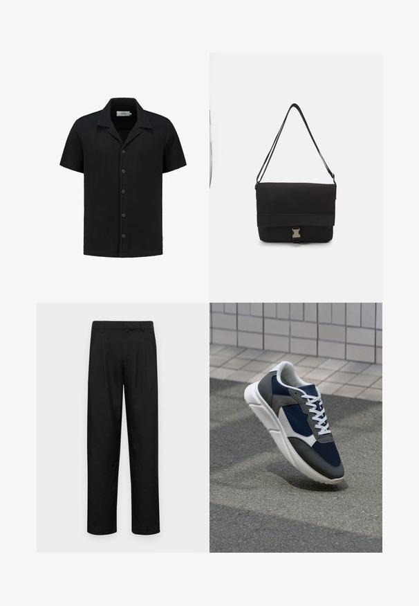 Zwart shirt met korte mouwen van een gestructureerde wafelstof, met knopen aan de voorkant en een klassiek kraagontwerp. Voorzien van vijf knopen en subtiele branding.; Zwarte broeken van gladde stof, met een recht model, twee voorknikken en een standaard tailleband met riemlussen.; Sneaker met een marineblauwe mesh bovenwerk, grijze suède accenten, witte rubberen zool en platte witte veters, ontworpen voor comfort en ademend vermogen.; Zwarte schoudertas van glad materiaal, met een omklapflap, zilveren sluiting en een verstelbare schouderband.