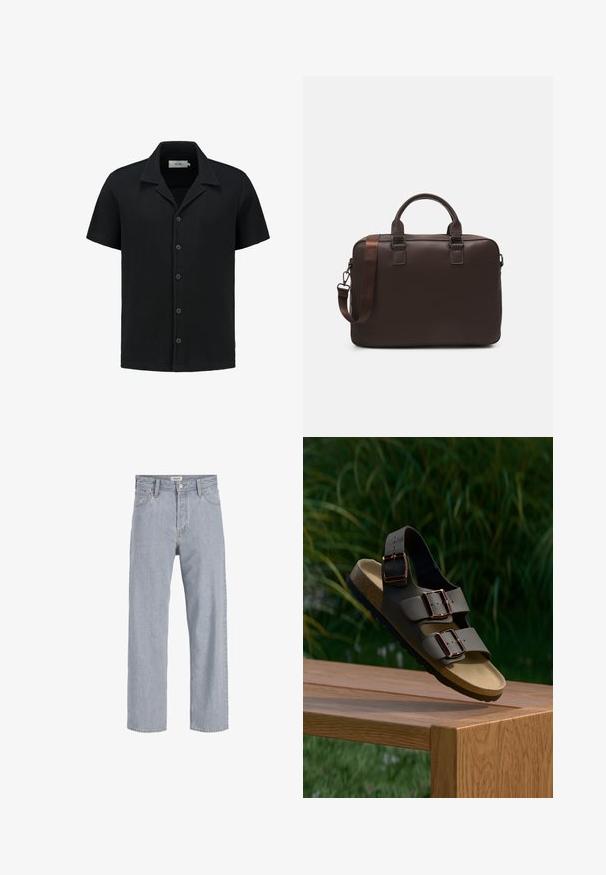 Zwart shirt met korte mouwen van een gestructureerde wafelstof, met knopen aan de voorkant en een klassiek kraagontwerp. Voorzien van vijf knopen en subtiele branding.; Lichtblauwe denim jeans met een relaxed fit, rechte pijpen, zichtbare stiksels, twee voorzakken en een knoopsluiting.; Zwarte sandalen met twee brede bandjes, voorzien van rechthoekige bronzen gespen, een kurken voetbed en een gestructureerde rubberen zool, geplaatst op een houten oppervlak.; Bruine leren laptoptas met een gevarieerde textuur, dubbele handvaten aan de bovenkant, verstelbare schouderriem en twee voorste gespen voor extra detail.