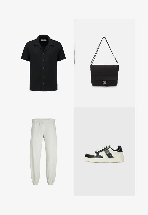 Czarna koszula z krótkim rękawem wykonana z teksturowanej, wafelowej tkaniny, z zapinaniem na guziki z przodu oraz klasycznym kołnierzykiem. Posiada pięć guzików i subtelną markę.; Białe dresy wykonane z miękkiego materiału, z elastycznym pasem i mankietami, o gładkiej fakturze i luźnym kroju.; Skórzane sneakersy w czarno-kremowym schemacie kolorystycznym, z perforowanymi akcentami, wyściełanym kołnierzem i teksturowaną podeszwą.; Czarna torba na ramię wykonana z gładkiego materiału, z klapą na złożeniu, srebrnymi zapięciami i regulowanym paskiem na ramię.