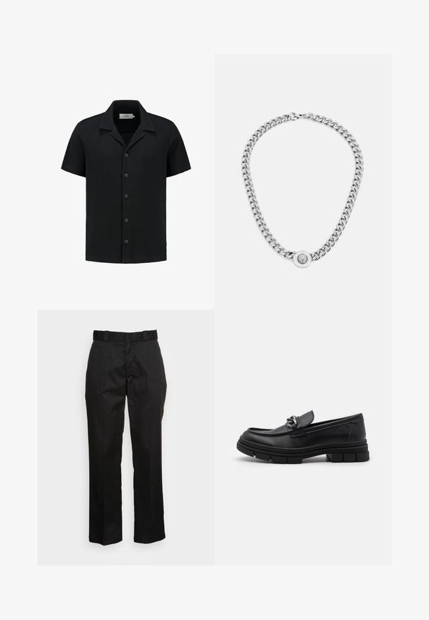 Schwarzes Kurzarmhemd aus strukturiertem Waffelstrickstoff, mit durchgehender Knopfleiste und klassischem Kragendesign. Verfügt über fünf Knöpfe und dezente Markenkennzeichnung.; Schwarze Hose aus einem glatten Stoff, mit einem geraden Bein Design, Gürtelschlaufen und zwei Seiten Taschen. Klassischer Look ohne Verzierungen.; Schwarzer Lederloafer mit runder Zehenform, einem dekorativen Riemen und Hardware sowie einer robusten, strukturierten Sohle. Glatte Oberfläche mit dezenten Details.; Silberne Halskette mit dicken Gliedern und einem zentralen runden Anhänger mit filigranen Details. Glatte, reflektierende Metalloberfläche.