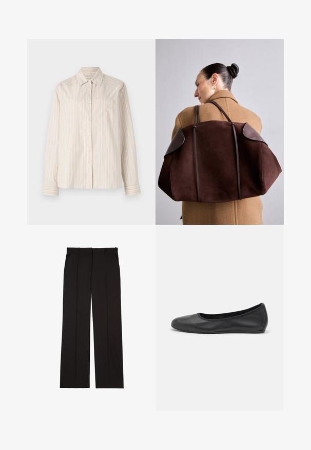 Šviesiai kreminės spalvos ilgomis rankovėmis marškiniai su vertikaliomis juostomis šviesiai kreminės ir šviesiai oranžinės spalvų. Su apykakle ir vienu krūtinės kišeniu.; Juodos pritaikytos kelnės, pagamintos iš lygaus audinio, su tiesiomis kojomis ir dviem šoniniais kišenėmis. Elegantiška ir minimalistinė konstrukcija.; Juodai odiniai baletai su apvaliu pirštu, lygi texture, minimalus siuvimo detales ir lanksčiu padų dizainu.; Ruda suede rankinė su tamsiomis odos detalėmis, turinti struktūrizuotą formą ir dvi dirželių poras, nešama per petį ant kreminės spalvos paltuko.