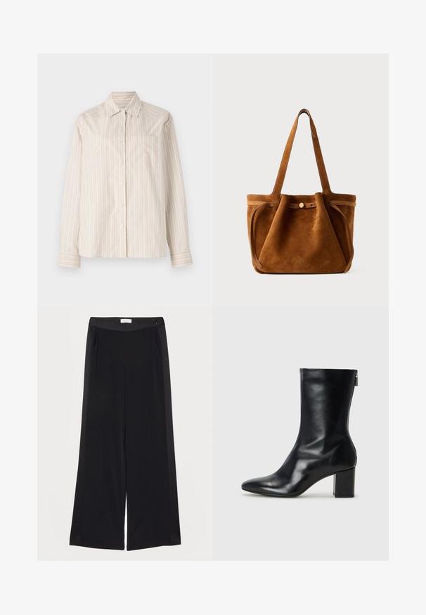 Hosszú ujjú ing világos bézs színben, krém és világos narancs függőleges csíkokkal. Galéris és egyetlen mellzsebével rendelkezik.; Széles lábú fekete nadrág sima anyagból, lapos derékkal, redőkkel és oldalsó zsebekkel. Tiszta vonalak minimális díszítéssel.; Fekete bőr bokacipő hegyes orral és 4 cm-es blokkfallal. Simán díszített designja oldalra nyíló cipzárral rendelkezik, ami megkönnyíti a felvételt. Simább textúrával.; Barna velúr tote táska, dupla fogantyúval, gombos záródással és laza, enyhén ülepedett formával.