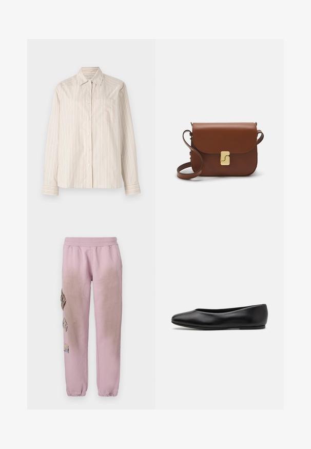 Long-sleeved shirt in light beige with vertical stripes in cream and pale orange. Features a collar and a single chest pocket.; Pink sweatpants with an elastic waistband, featuring decorative patches in diamond shapes on the left side and elastic cuffs at the ankles.; Paul Smith TOPANGA - Ballet pumps - black; Brown leather handbag with a flap closure, gold-tone hardware, a shoulder strap, and a smooth texture. Compact rectangular shape.
