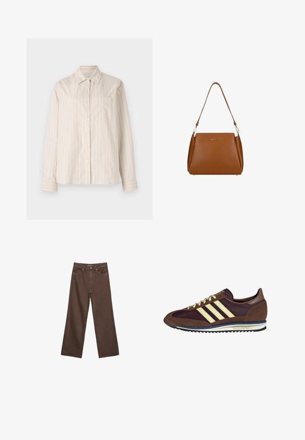 Camicia a maniche lunghe di un beige chiaro con righe verticali in crema e arancio chiaro. Presenta un colletto e una tasca sul petto.; Jeans a gamba larga marroni in denim, con vita alta, tasche anteriori e chiusura a bottone classica. Tessuto liscio con cuciture sottili.; Sneaker marrone e bordeaux realizzato in materiali scamosciati e in rete, caratterizzato da tre strisce color crema, tessuto testurizzato sulla linguetta e suola in gomma.; Borsa a tracolla in pelle marrone con superficie texturizzata, una singola tracolla e un logo sottile sul davanti. Presenta un design strutturato.