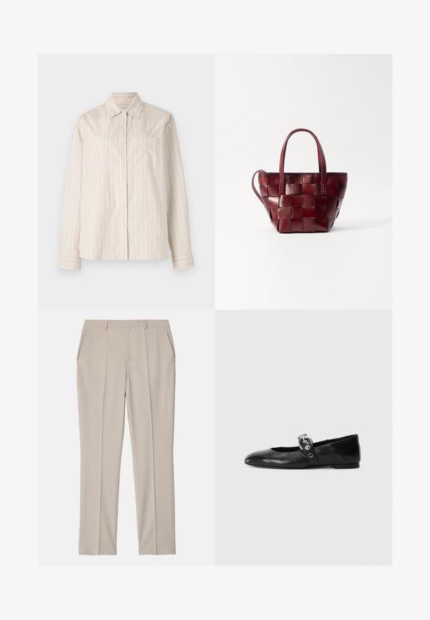 Long-sleeved shirt in light beige with vertical stripes in cream and pale orange. Features a collar and a single chest pocket.; Filippa K EMMA TROUSERS - Trousers - desert tau; Black leather ballet flats with a pointed toe, featuring a strap with a circular metallic buckle and a flat sole.; Woven burgundy leather tote bag with two short handles and a detachable shoulder strap. Features a structured shape and smooth texture.