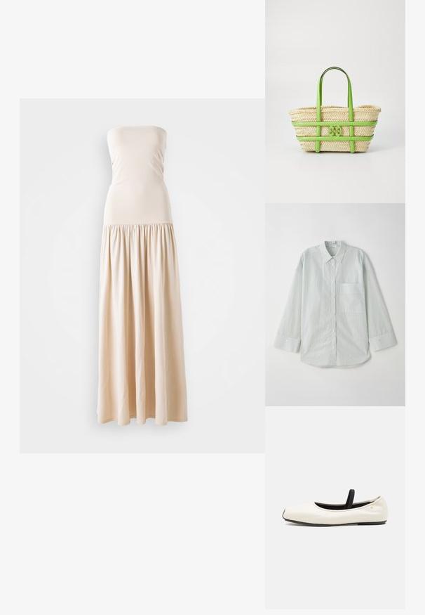 Light green striped long-sleeve button-up shirt with a collar, featuring a single chest pocket and a curved hemline.; Beige strapless maxi dress with a fitted bodice and a flowing gathered skirt, made of soft fabric, featuring a smooth texture throughout.; Flat ballet shoe in white leather with a rounded toe, black elastic strap, and small gold emblem near the heel. Soft texture and minimalist design.; Straw tote bag with green leather accents, featuring braided texture, double handles, and a prominent logo at the front.