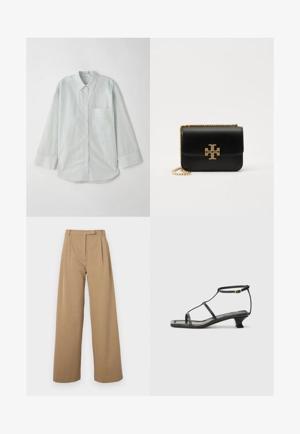 Gai zaļš svītrains garām piedurknēm pogājams krekls ar apkakli, ar vienu krūšu kabatu un izliekto apakšmalu.; Platās bikses gaiši brūnā krāsā, izgatavotas no strukturētas auduma. Ar priekšējām krokām un pieguļošu jostasvietu. Vienkāršs dizains bez redzamām detaļām.; Melna ādas sandale ar kvadrātveida purngalu, plānām siksnām, regulējamu potītes siksnu un zemu papēdi. Iezīme ir neliela zelta akcenta detaļa uz siksnas.; Melnas ādas rokassoma ar zelta toņa ķēdes siksnu un logotipa akcentu. Iezīmējas ar taisnstūra formu un pārklājamu vāku. Gluda tekstūra.