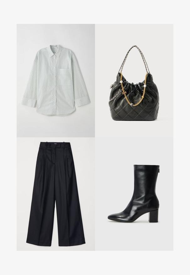 Lichtgroen gestreept overhemd met lange mouwen en knoopsluiting, met een kraag, een enkele borstzak en een gebogen zoom.; Zwarte wijde broek van soepel materiaal, met een hoge taille, plooien en een getailleerd ontwerp. Eenvoudige zwarte details bij de taille.; Zwarte leren enkelboot met een spitse neus en een blokhak van 4 cm. Strak ontwerp met een zijrits voor gemakkelijke aan- en uittrekken. Soepele textuur.; Zwarte leren handtas met een quiltpatroon, gerimpelde bovenkant en dubbele kettinghandvatten met gouden en zilveren accenten en decoratieve bedels.