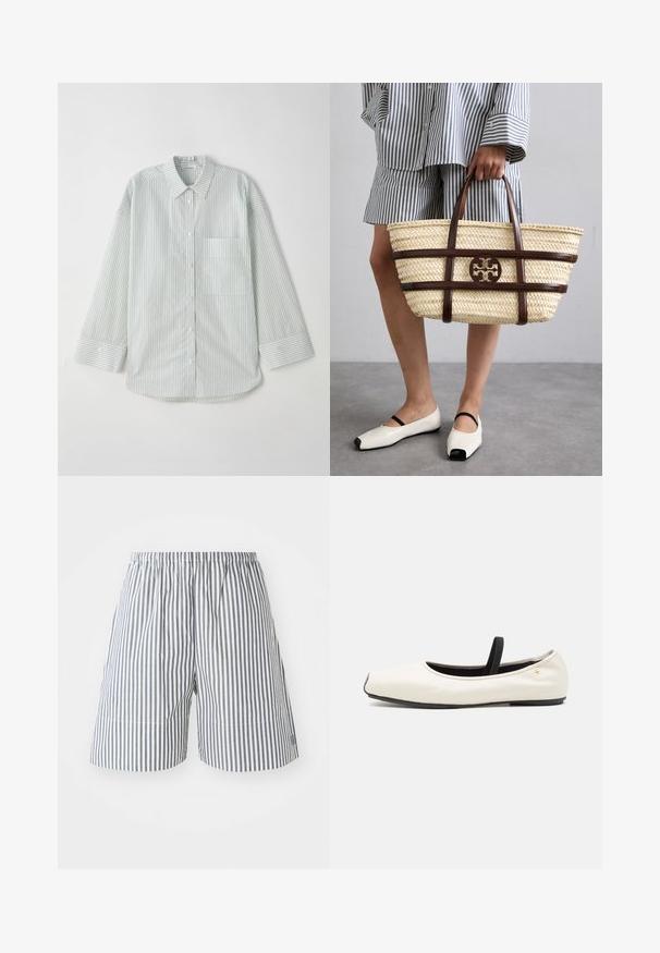 Light green striped long-sleeve button-up shirt with a collar, featuring a single chest pocket and a curved hemline.; Striped shorts in navy and white cotton, featuring an elastic waistband and a relaxed fit. Mid-thigh length with subtle stitching details.; Flat ballet shoe in white leather with a rounded toe, black elastic strap, and small gold emblem near the heel. Soft texture and minimalist design.; Woven straw tote bag with brown leather accents and handles. Features a cutout logo and contrasting horizontal bands.