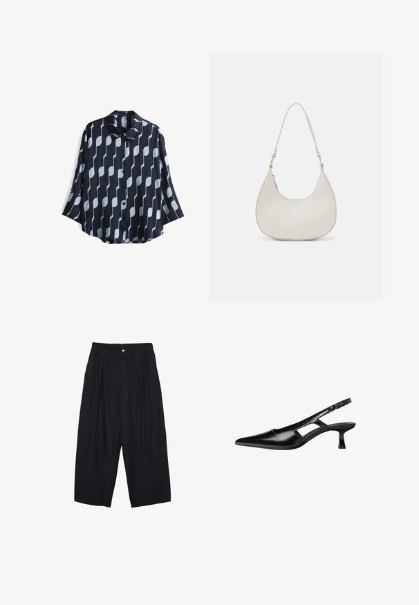 Navy blue button-up shirt with a pattern of alternating vertical white shapes, short sleeves, and a classic collar. Smooth, lightweight fabric.; Black polyester culotte pants with an elastic waistband, two front pleats, and a loose silhouette. No visible patterns or hardware details.; Black patent leather slingback heels with a pointed toe, cut-out side design, and a small square heel. Smooth texture with minimal accents.; Cream leather shoulder bag with a crescent shape, thin strap, and subtle stitching detail. Minimalist design with gold-tone hardware accents.