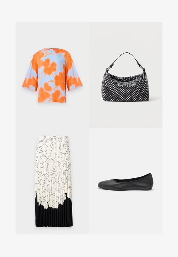 Korte mouw blouse met een oranje bloemenschema op een lichtblauwe achtergrond, gemaakt van een gladde stof, met een strikdetail aan de achterkant.; Geplooide rok met een bloemenpatroon in zwart-wit, met een licht bovenste gedeelte met bloemen en een effen zwarte onderrand.; Zwarte leren ballerina met een ronde neus, gladde textuur, minimale stikdetails en een flexibele zoolontwerp.; Zwart en zilveren handtas met een geweven, gestructureerd oppervlak dat vierkante patronen bevat, een enkele bovenhandgreep en een slungelige vorm.