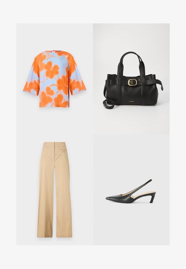 Rövid ujjas blúz világoskék háttérrel, narancssárga virágmintával, sima anyagból készült, hátsó megkötő részletekkel.; Beige színű, bővülő lábú nadrág kevert pamut anyagból. Simás textúrával, elasztikus derékpánttal és oldalsó gombos díszítéssel rendelkezik.; Fekete, hegyes orrú, slingback cipő alacsony sarkával, sima bőrből készült, oldalt kivágott deisgnal a légáteresztőképesség érdekében.; Fekete bőr kézitáska, amely strukturált kialakítással rendelkezik, dupla felső fogantyúval, arany tónusú csattal és a márka dombornyomott logójával az elején.