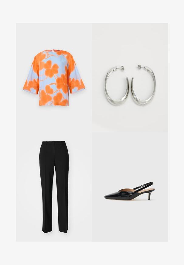 Bluzka z krótkim rękawem w pomarańczowy kwiatowy wzór na jasnoniebieskim tle, wykonana z gładkiego materiału, z detalem kokardy z tyłu.; Czarne spodnie o dopasowanym kroju z prostymi nogawkami, o gładkiej fakturze i wyraźnych zagięciach z przodu. Bez widocznych elementów metalowych.; Czarne lakierowane szpilki slingback o spiczastym nosku, z małym obcasem i wycięciem na wierzchu. Złote akcenty na boku.; Srebrne kolczyki-hoop o gładkim, zakrzywionym designie. Posiadają błyszczące metaliczne wykończenie i zapięcie na sztyft. Brak widocznych wzorów lub akcentów.