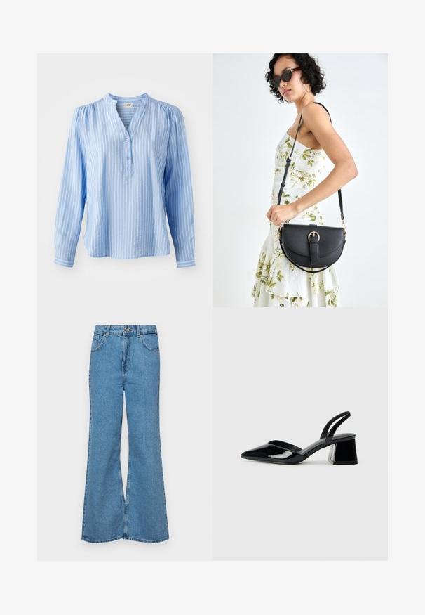 Šviesiai melsva ilgarankovė bluzonė su vertikaliomis baltomis juostelėmis, mandarinų tipo apykakle ir trimis mygtukais prie kaklo. Minkšta, lygi medžiaga.; Šviesiai mėlynos flared džinsai, pagaminti iš džinsinio audinio, su aukštu liemeniu, penkiomis kišenėmis ir vienu mygtuko užsegimu. Minkštas paviršius su išblukusiu efektu.; Juodos lakuotos odinės šlepetės su smailiu pirštu ir geometriniu bloko kulnu. Turi elegantišką, minimalistinį dizainą ir lygų paviršių.; Juodas odinis krepšys su išlenkta forma, nuimamu dirželiu ir auksiniais detalėmis. Krepšys turi kilpą su sagtimi.