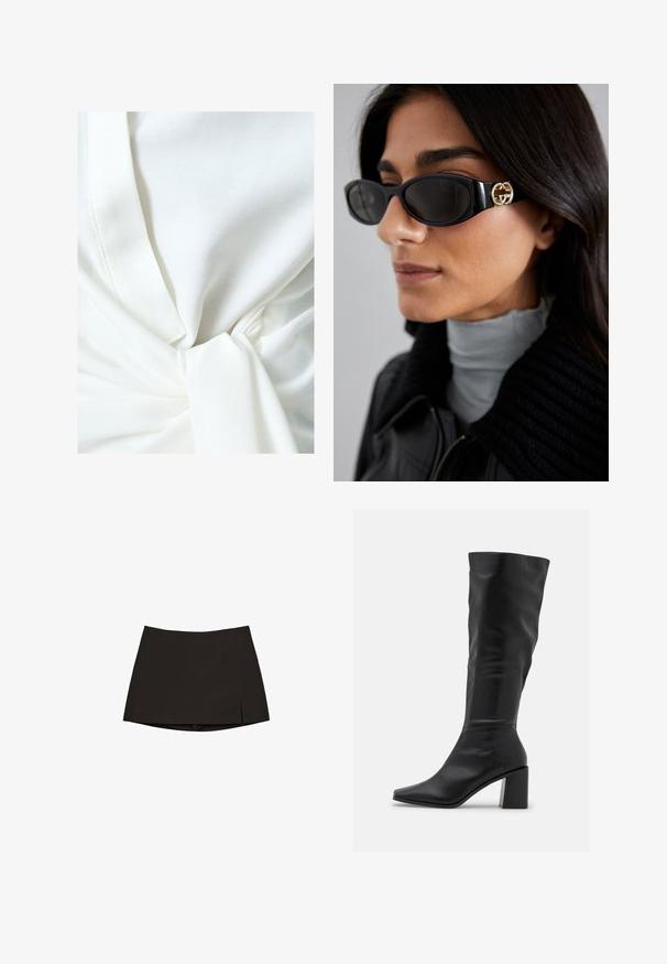 Weißes Oberteil aus Stoff mit einem Knoten-Detail an der Taille, das eine glatte Textur und ein leichtes, drapiertes Design aufweist. Die Nahtnähte sind sichtbar.; Schwarzer Minirock mit geradem Schnitt und einem leichten Schlitz an der Seite. Hergestellt aus glattem Stoff, mit einem sauberen Saum und minimalistischem Design.; RAID BLICK - Stiefel - black; Schwarze Sonnenbrille mit einem schlanken rechteckigen Rahmen und einem goldenen Logo-Akzent an der Seite. Dunkle Gläser und glänzende Oberfläche sind auffällig.; Schwarze, gesteppten Lederhandtasche mit einer goldfarbenen Kettenriemen und einem Drehverschluss, der mit einem runden Akzent verziert ist. Kompakte rechteckige Form.