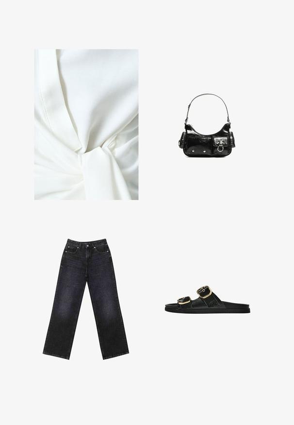 Weißes Oberteil aus Stoff mit einem Knoten-Detail an der Taille, das eine glatte Textur und ein leichtes, drapiertes Design aufweist. Die Nahtnähte sind sichtbar.; Hoch taillierte schwarze Jeans aus Denim mit weitem Bein, Fünf-Taschen-Design und sichtbaren Nähten. Der Stoff hat eine glatte, leicht strukturierte Oberfläche.; Schwarze Riemensandale mit zwei goldenen Schnallendetails, glattem Material, flachem Sohlen und minimalistischer Gestaltung.; Schwarze Lackleder-Handtasche mit geschwungenem Design, einem Schulterriemen, Vordertaschen und silberfarbenen Hardware-Akzenten.