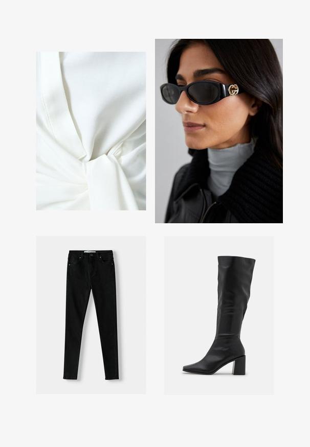 Top bianco in tessuto con dettaglio a nodo in vita, caratterizzato da una texture liscia e un design leggero e drappeggiato. Le cuciture sono visibili.; Jeans slim fit neri realizzati in denim, con un classico design a cinque tasche, zip frontale e chiusura con bottone in metallo. Texture liscia in tutto.; RAID BLICK - Stivali alti - black; Occhiali da sole neri con una montatura rettangolare elegante e un accento del logo dorato sul lato. Le lenti scure e la finitura lucida sono evidenti.