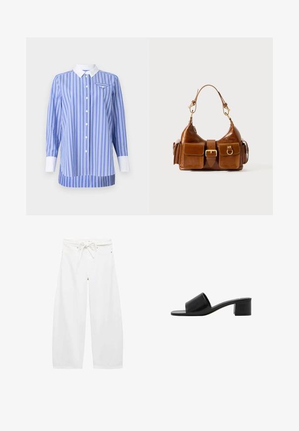 Sininen ja valkoinen raitapaita, jossa on pitkät hihat, napitus edessä sekä valkoinen kaulus ja hihansuut. Vasemmassa rinnassa on pieni tasku.; Valkoiset, leveälahkeiset housut, jotka on valmistettu kevyestä kankaasta ja joissa on nyörivö ja kaksi etutaskua sekä yksinkertaisia metallisia yksityiskohtia.; Mustat nahkaiset avonkorkoiset liukusandaalit leveällä hihnalla ja tukevalla lohkokannan. Ominaisuuksiin kuuluu sileä pinta ja minimalismia korostava muotoilu.; Ruskea nahkalaukku, jossa on kaareva muoto, kaksi kultaisen sävyistä metalliosaa, kaksi etutaskua ja leveä olkahihna. Silkkinen pinta ja tyylikäs viimeistely.