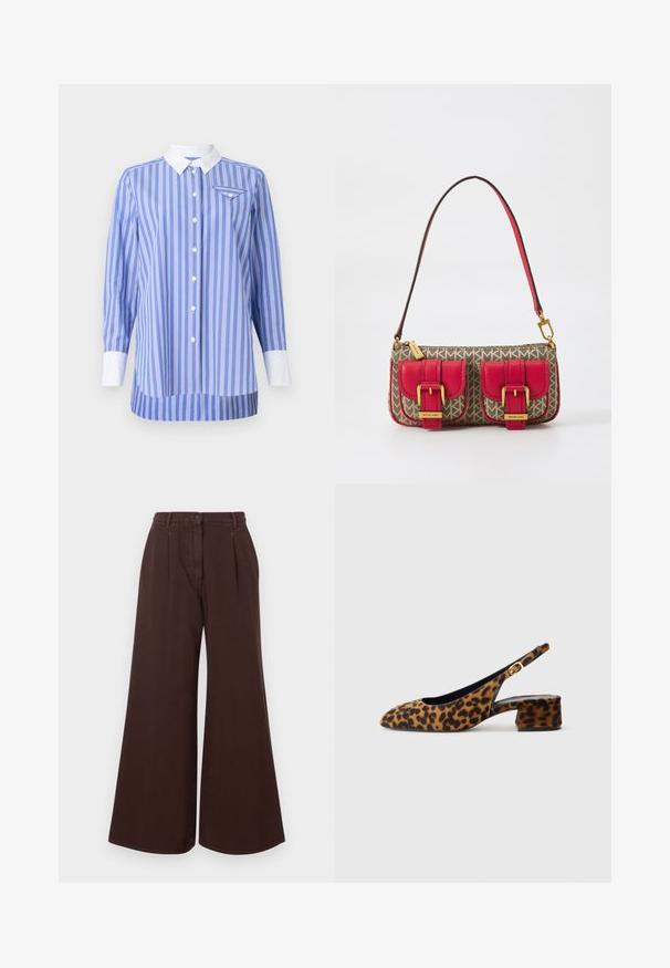 Blue and white striped shirt with long sleeves, button-down front, and white collar and cuffs. Features a small pocket on the left chest.; High-waist wide-leg brown pants with button and zipper closure, belt loops, and front pleats.; Women's leopard print slingback shoe with low block heel and gold buckle on side strap, shown in side profile on plain background.; Handbag with a geometric brown pattern, red leather accents, two front pockets with buckles, and a thin shoulder strap. Gold hardware details.