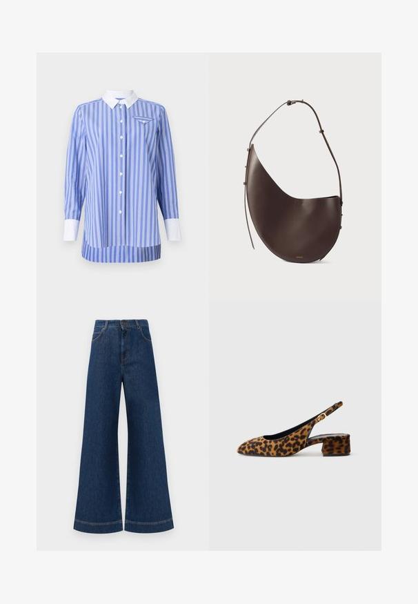 Modro-bílé pruhované tričko s dlouhými rukávy, zapínání na knoflíky vpředu a bílým límečkem a manžetami. Obsahuje malou kapsu na levé části hrudi.; Široké modré džíny s vysokým pasem, se zapínáním na knoflík, poutky na opasek a jemnými stehy podél kapes a lemů.; Dámské lodičky s leopardím vzorem, s nízkým blokovým podpatkem a zlatou sponou na bočním pásku, zobrazené v bočním profilu na jednoduchém pozadí.; Hnědá kožená kabelka s zakřiveným tvarem, jedním popruhem a minimalistickým designem. Obsahuje nenápadné logo a zlaté kovové prvky.