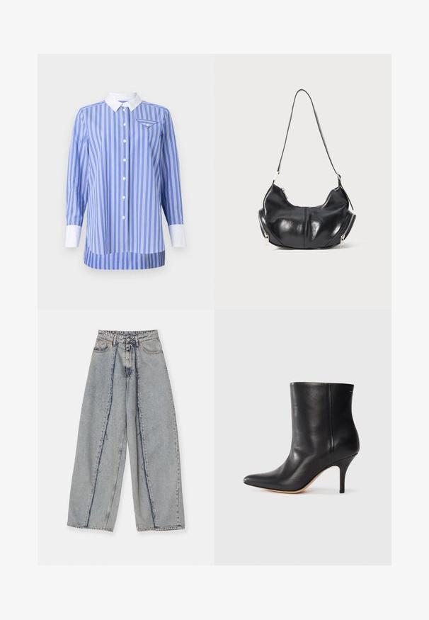 Blue and white striped shirt with long sleeves, button-down front, and white collar and cuffs. Features a small pocket on the left chest.; Light blue wide-leg jeans with frayed edges, a high waist, and contrasting seams. Made of denim, showcasing a relaxed fit and minimal distressing.; Black leather ankle boot with pointed toe, slim stiletto heel, and smooth texture. Minimalist design with no visible hardware or accents.; Black leather crescent-shaped shoulder bag with silver zippers on both sides and a single strap.