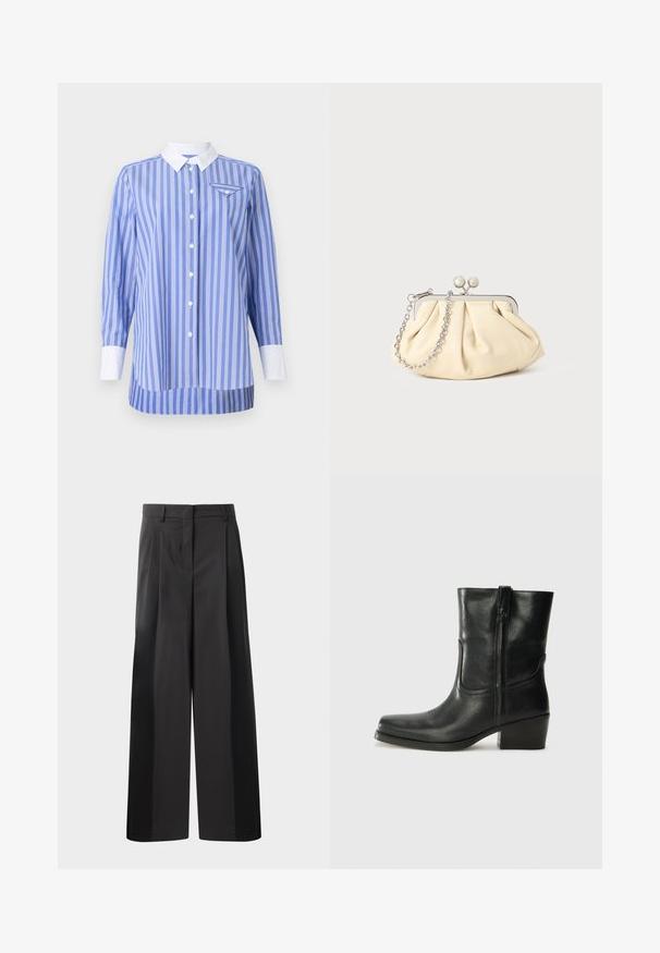 Camisa às riscas azul e branca com mangas longas, frente abotoada e colarinho e punhos brancos. Apresenta um pequeno bolso no lado esquerdo do peito.; Calças largas pretas com cintura alta, apresentando pregas frontais, uma textura suave e um acabamento cuidado. Desenvolvidas para um ajuste relaxado.; Bota de tornozelo em couro preto com bico arredondado, salto bloco, fecho lateral e detalhes em costura na parte frontal. Textura suave, design clássico.; Clutch de couro bege plissado com uma estrutura de metal prateado, apresentando dois fechos decorativos redondos e uma alça de corrente prateada.