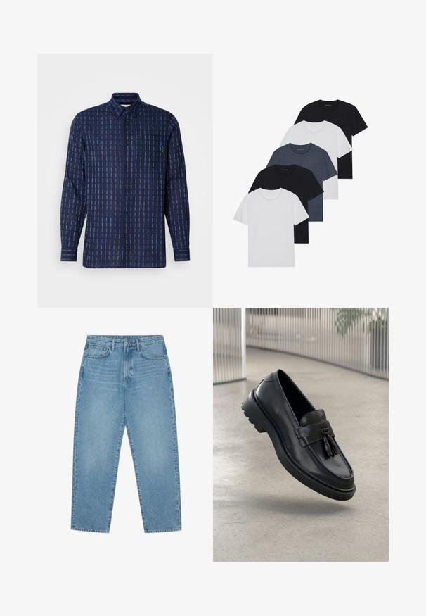 Navy long-sleeve shirt with a horizontal and vertical striped pattern in varying blue tones. Features a collar, front pocket, and button closure.; Set of five t-shirts in black, white, and navy blue. Cotton fabric, short sleeves, crew neck design, and plain texture with no patterns.; Light blue denim jeans with a straight-leg cut, five-pocket design, and a slightly faded texture. Features a button and zipper closure.; Black leather loafers with a smooth finish, decorative tassel, thick rubber sole, and stitched accents. Lightweight and sleek design.