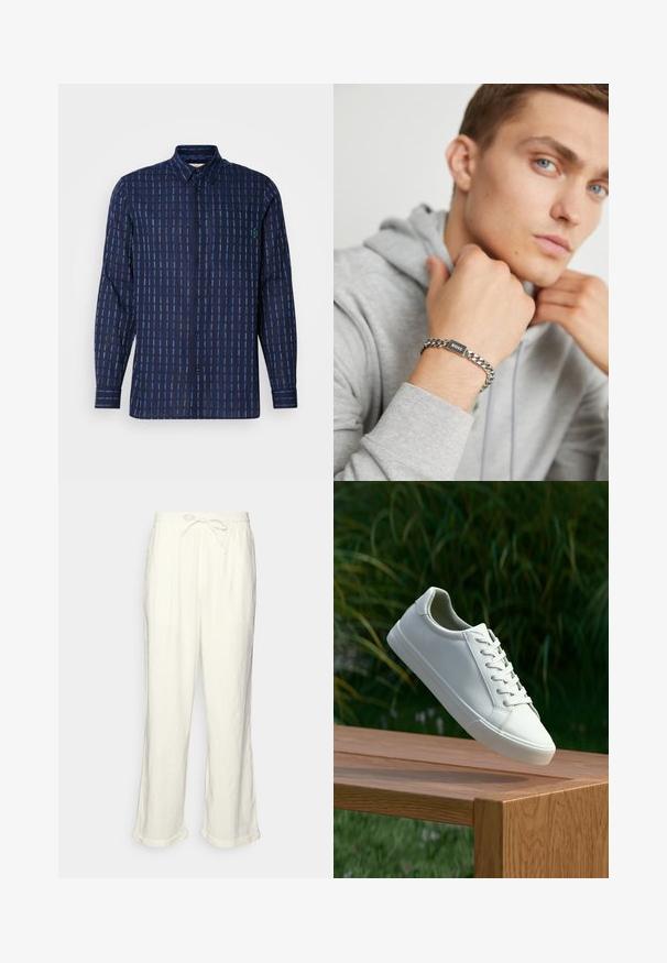 Granatowa koszula z długim rękawem w poziome i pionowe paski w różnych odcieniach niebieskiego. Posiada kołnierzyk, kieszeń z przodu oraz zapięcie na guziki.; Lnianowe spodnie w kolorze złamanej bieli z elastycznym paskiem w talii, lekko szerokimi nogawkami i podwiniętymi mankietami dla swobodnego wyglądu. Bez kieszeni.; Białe sneakersy sznurowane unoszące się nad drewnianą ławką z zielonymi liśćmi w tle, ukazujące wzór i teksturę buta.; Srebrna bransoletka łańcuszkowa z prostokątną czarną zawieszką wygrawerowaną słowem "BOSS". Noszona na ręce na tle szarego hoodie.