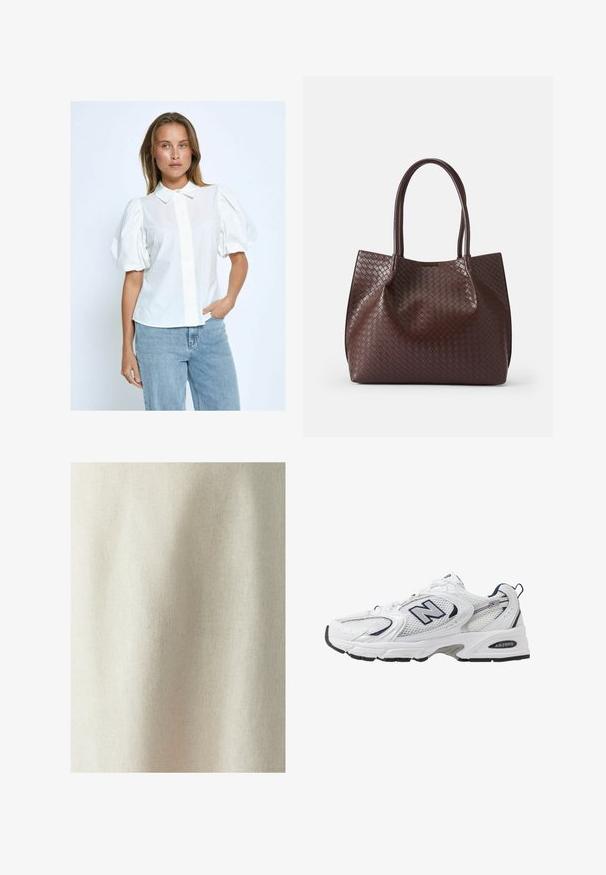 Balta puff-sleeve blūze ar pogām priekšā, apkakli un viendabīgu tekstūru, apvienota ar gaiši zilām džinsām neitrālā fonā.; Gaiši bežs audums ar smalku tekstūru un vienmērīgu aušanu, kas rāda maigas krokas un locījumus, piemērots dažādām tekstila izmantošanas iespējām.; Baltas sporta apavs ar sietveida augšpusi, jūras zilām akcentiem un mīkstu zoli. Iezīmē "N" logo, šņores un teksturētu detaļu sānos.; Brūns austa ādas soma ar divām rokturām, ar teksturētu virsmu un atvērtu augšu. Minimālistiska forma bez papildu piederumiem.